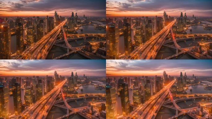 未来的城市交通。日落的景色