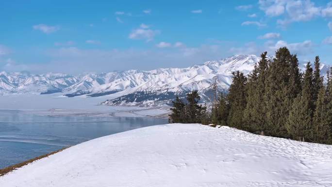 赛里木湖冬季航拍新疆自然风光山川湖泊