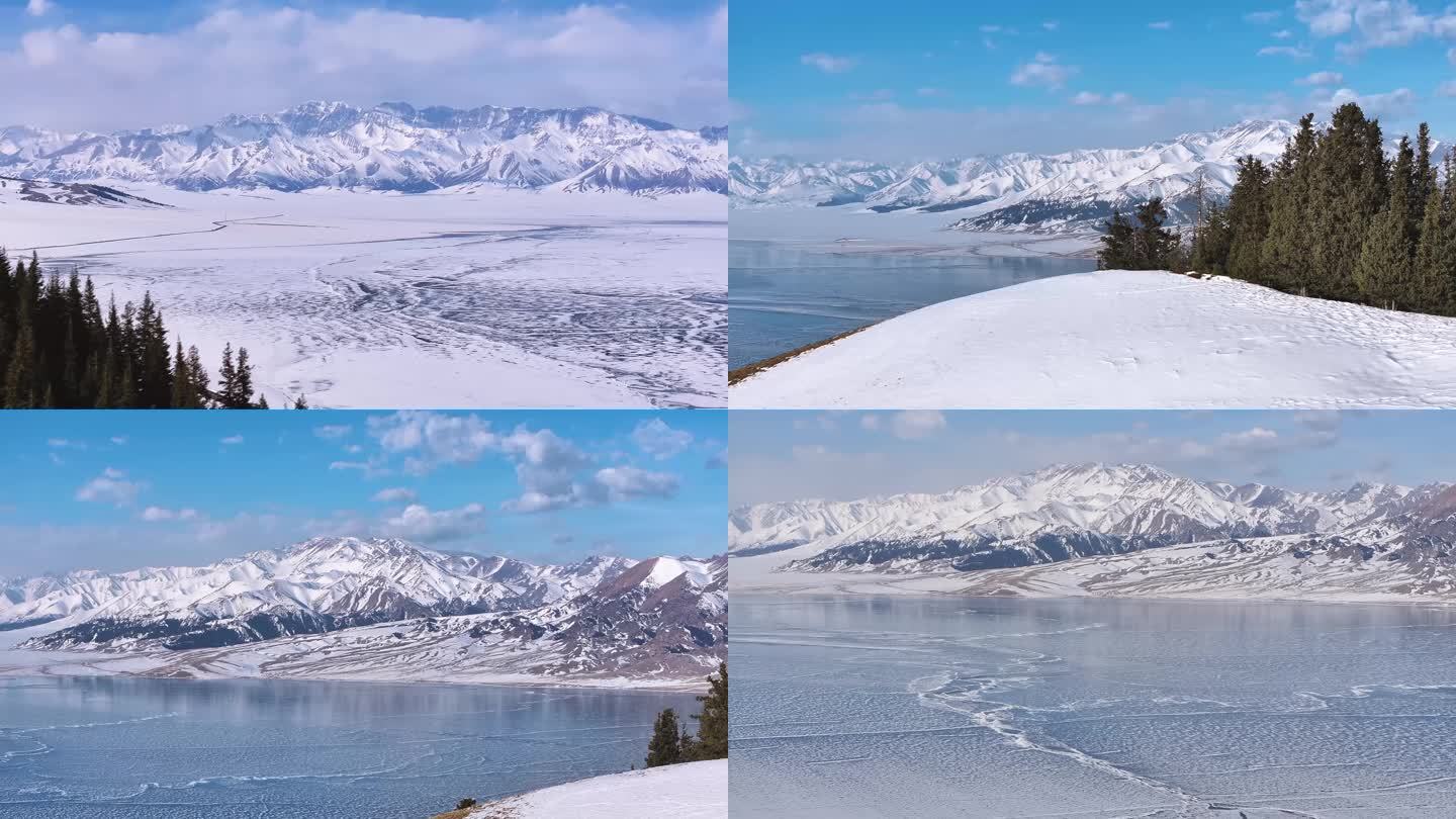赛里木湖冬季航拍新疆自然风光山川湖泊