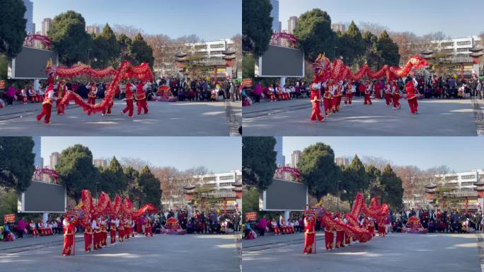 集市公园人群围观民间舞龙演绎表演1