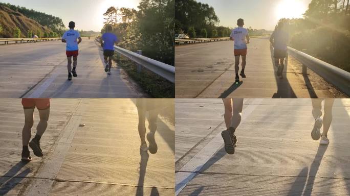 晨跑的男子逆光晨阳 公路上跑步道路上跑步
