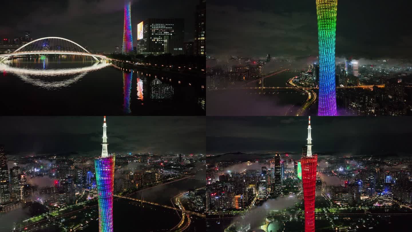 4K高清航拍广州雨后花城夜景