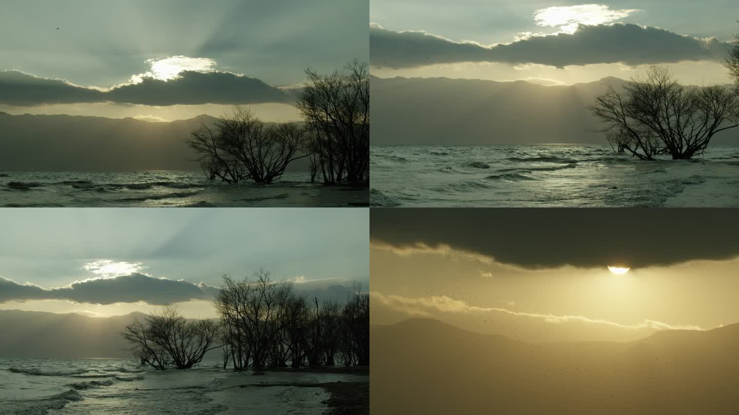 湖边的日落傍晚空中的飞鸟丁达尔效应云朵