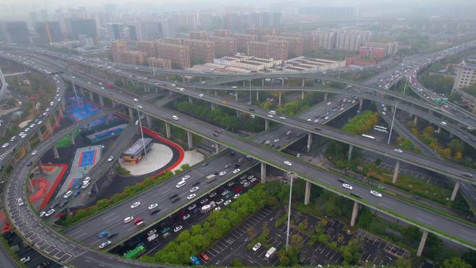 杭州上城区石德立交桥高架桥车流风景航拍