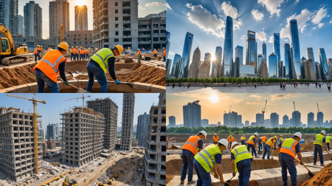中国速度建筑工人工地施工建设城市延时摄影