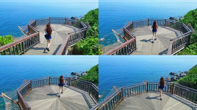 海南三亚中国亚裔美女向蔚蓝色海边奔跑自由
