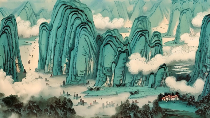 《上春山》中国山水青绿舞台背景视频
