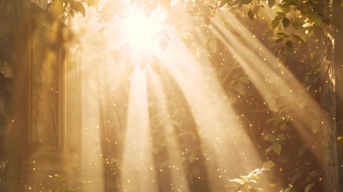 树林金色阳光粒子射线