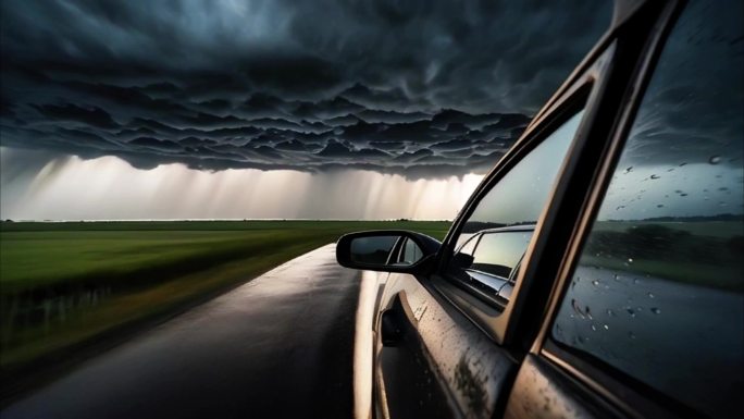4K开车遇到暴风雨龙卷风公路道路雷暴避险