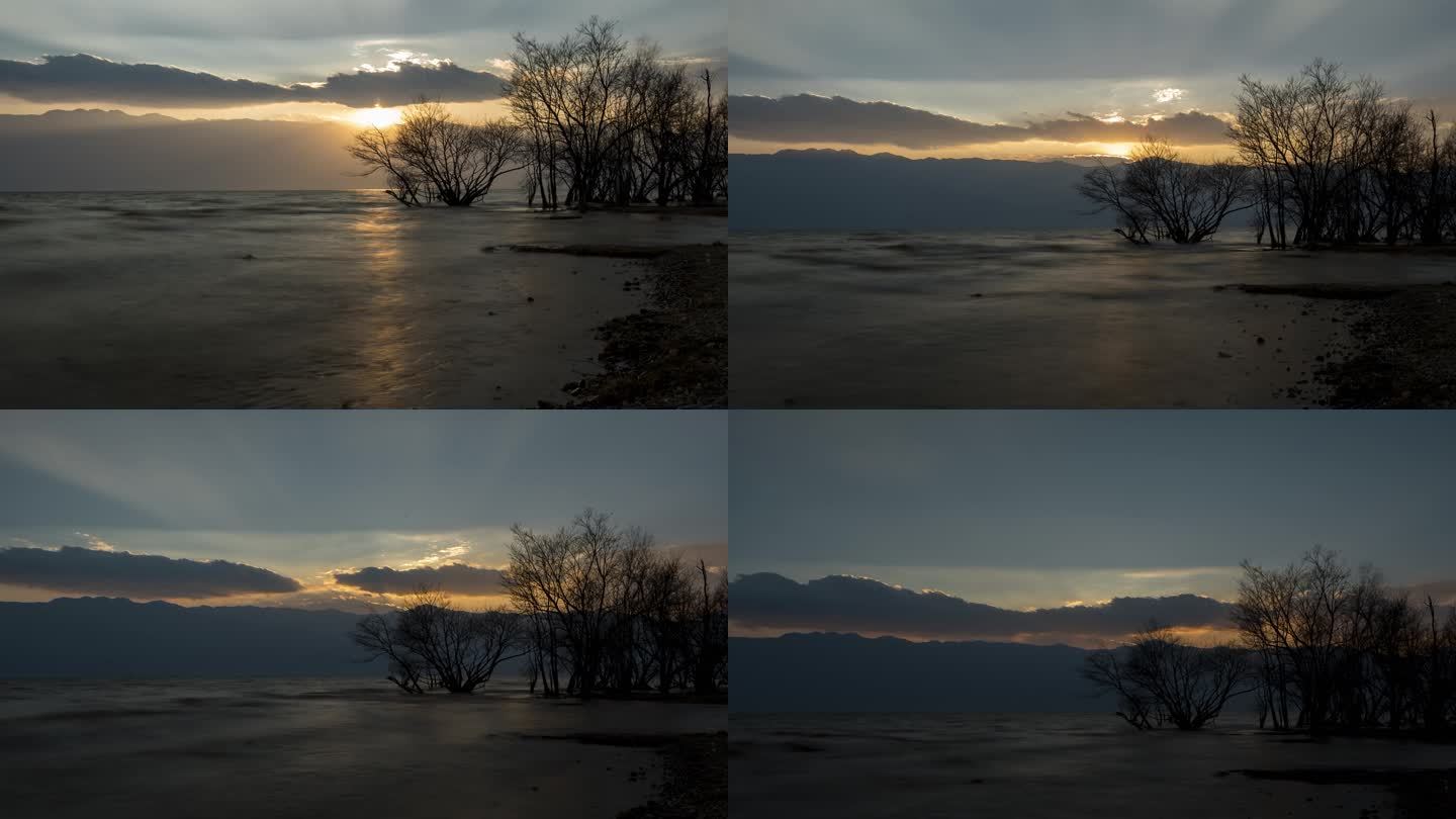 延时拍摄湖边的日落