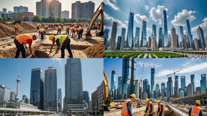 中国速度建筑工人工地施工建设城市延时摄影