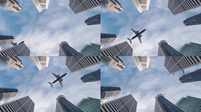 4K蓝天飞机高楼CBD动态背景视频