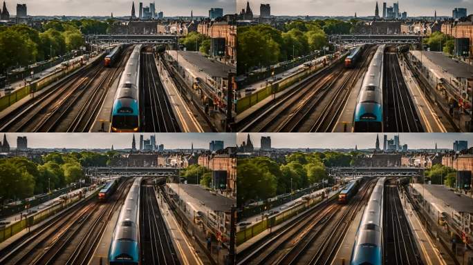 英国伦敦火车平稳驶过多条轨道的时间推移