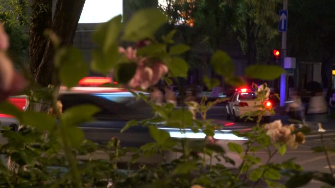 夜晚路口执勤的警车