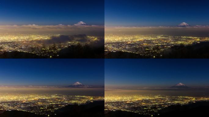 夜晚从甘利山拍摄的富士山延时照片