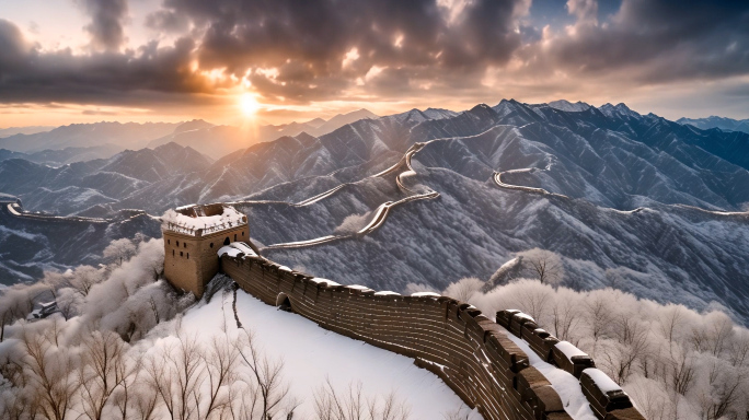 航拍长城雪景日出