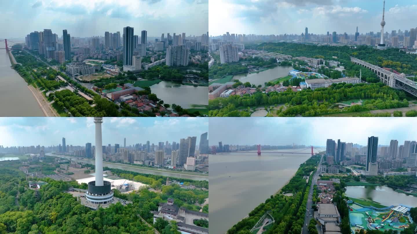 湖北武汉长江大桥龟山电视塔江滩公园航拍车