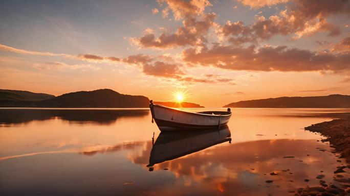 夕阳下的湖面小船
