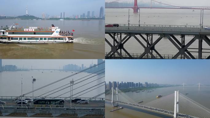 武汉江景，桥梁，轮渡，绿地中心