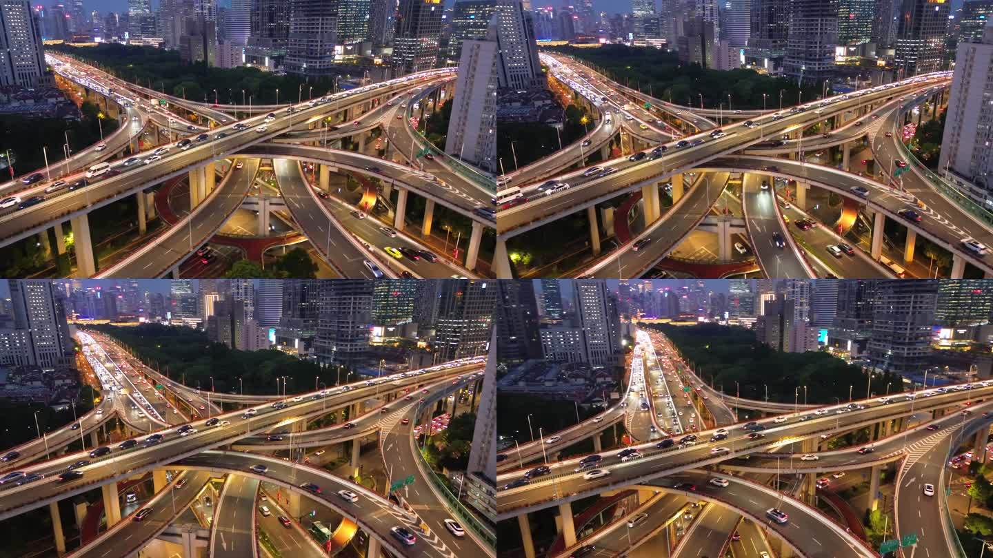 上海黄浦区延安东路立交桥航拍车流夜景风光