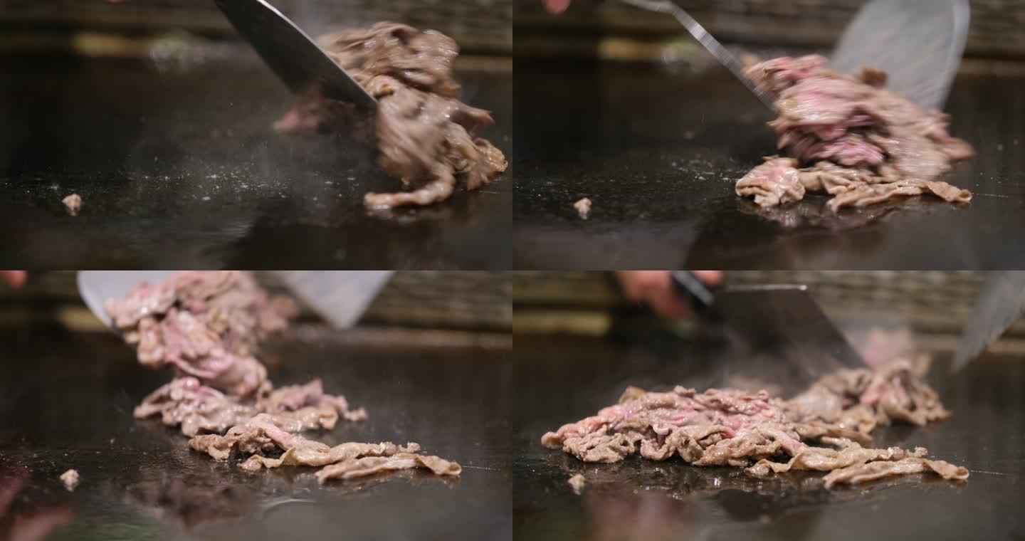 日式铁板烧翻炒牛肉的特写
