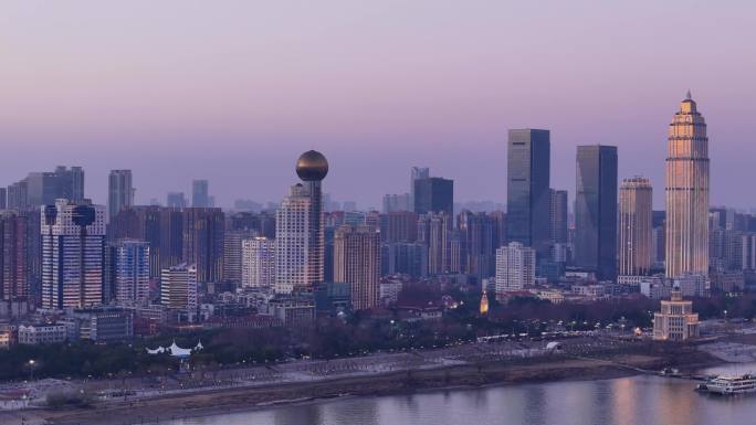 湖北武汉江滩长江两岸城市江景航拍夕阳夜景