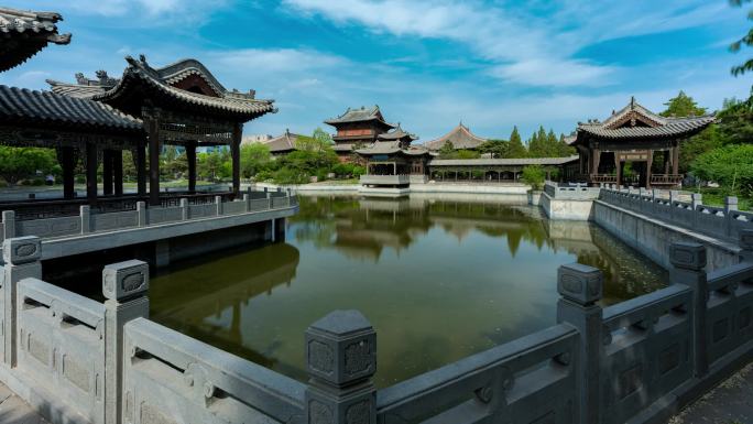 大同善化寺西花园围栏池塘风光延时