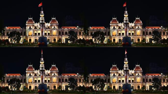 越南胡志明市市政厅夜景4K地标