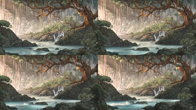 自然风景树林瀑布逆光卡通动画
