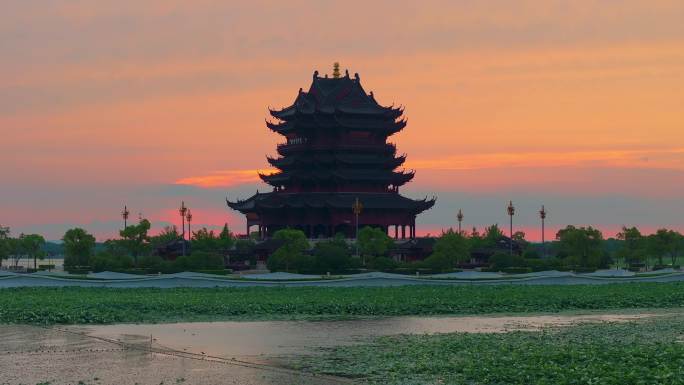 苏州园区阳澄湖半岛重元寺日落晚霞风景航拍