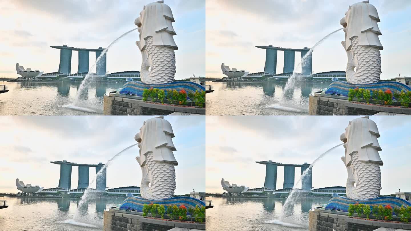 新加坡鱼尾狮公园和滨海湾金沙酒店早晨4K