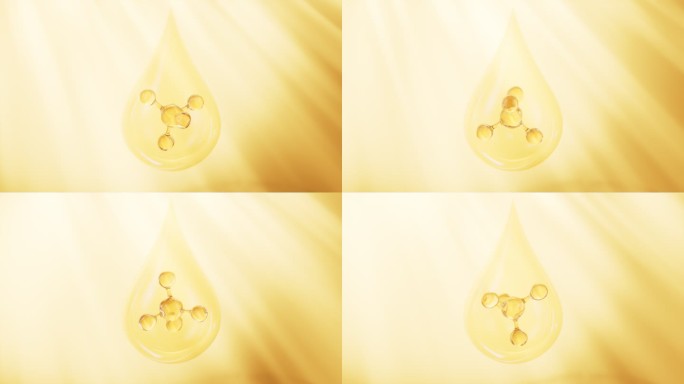 透明水滴与旋转的金色分子结构视频