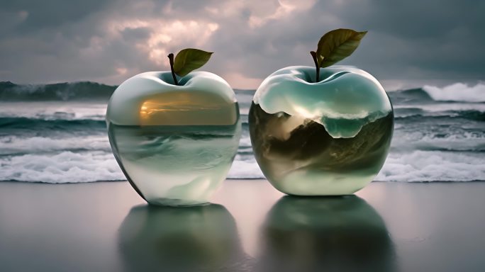 沙滩海滩上的透明水晶苹果