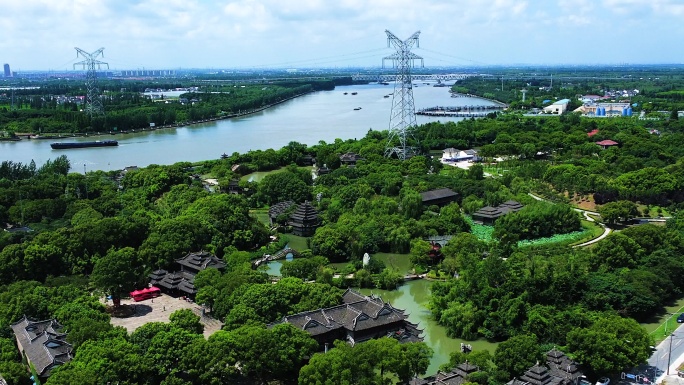 4k航拍江南园林上海韩湘水博园