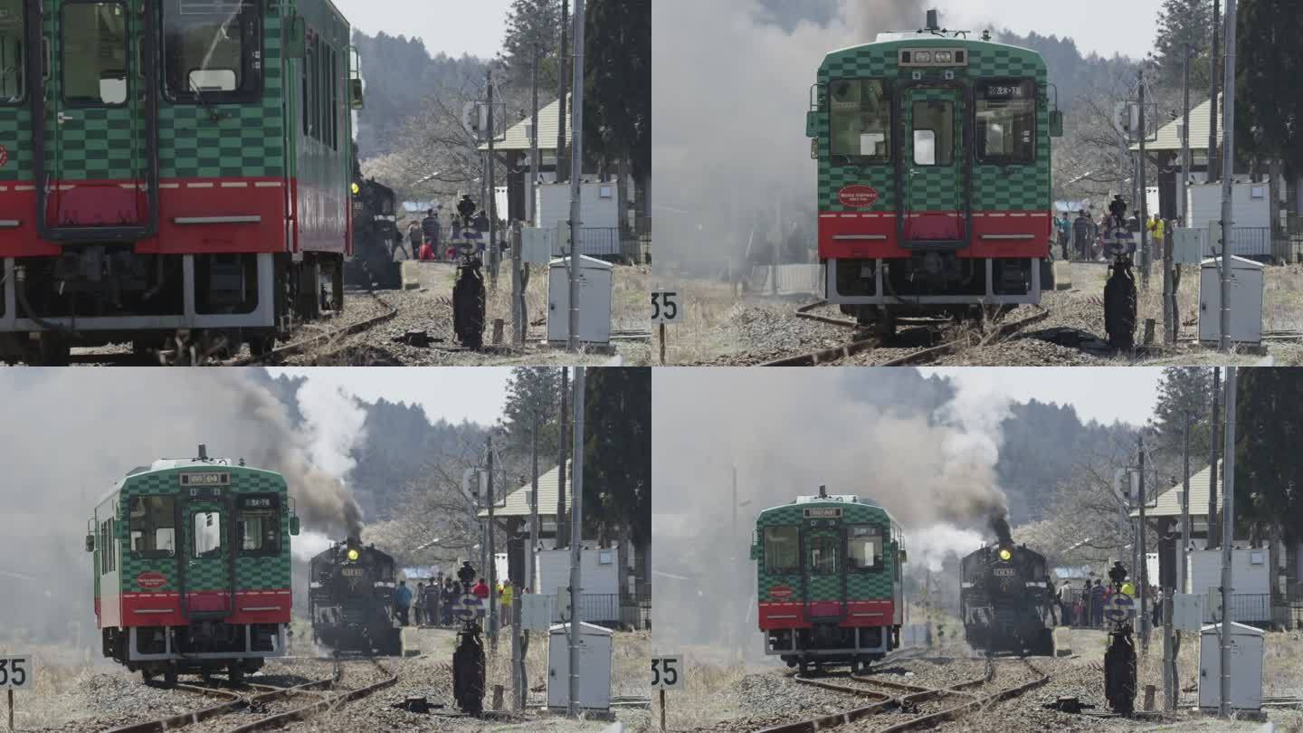 蒸汽机车停在车站吹黑烟在日本