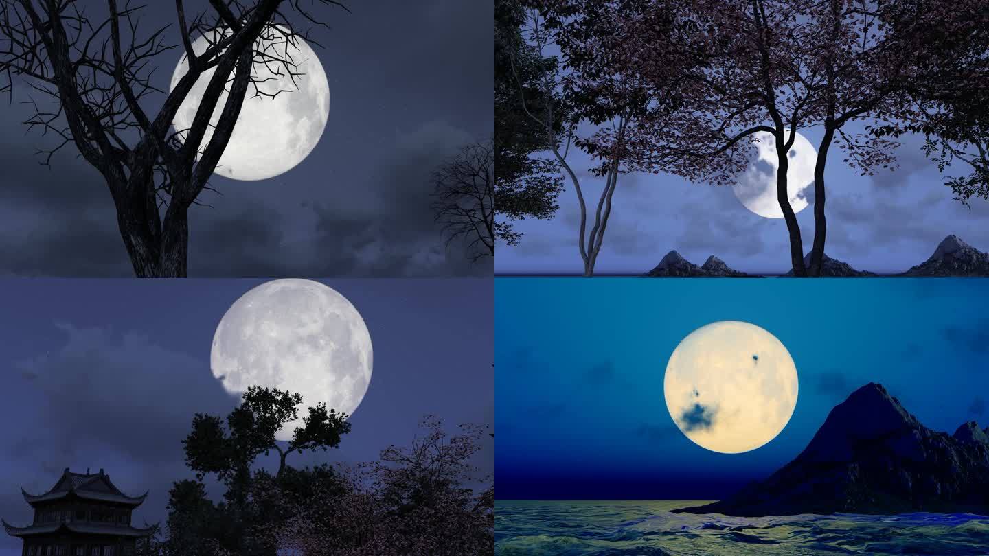 晚上缓慢升起的月亮空镜头