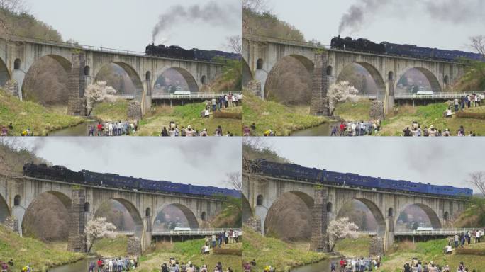 蒸汽机车Ginga在岩手的巨型桥梁上行驶，日本