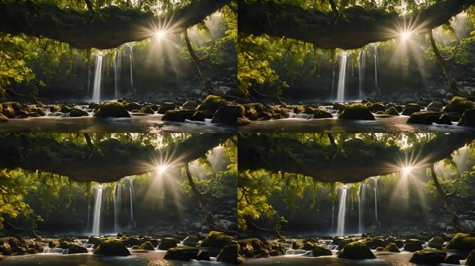 自然风景树林瀑布逆光