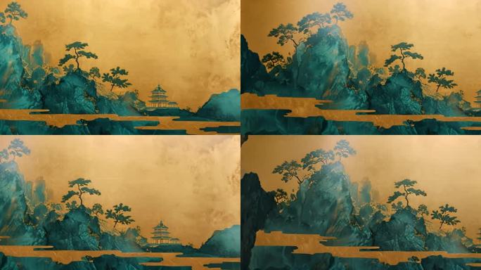 鎏金山水画中国风戏曲背景