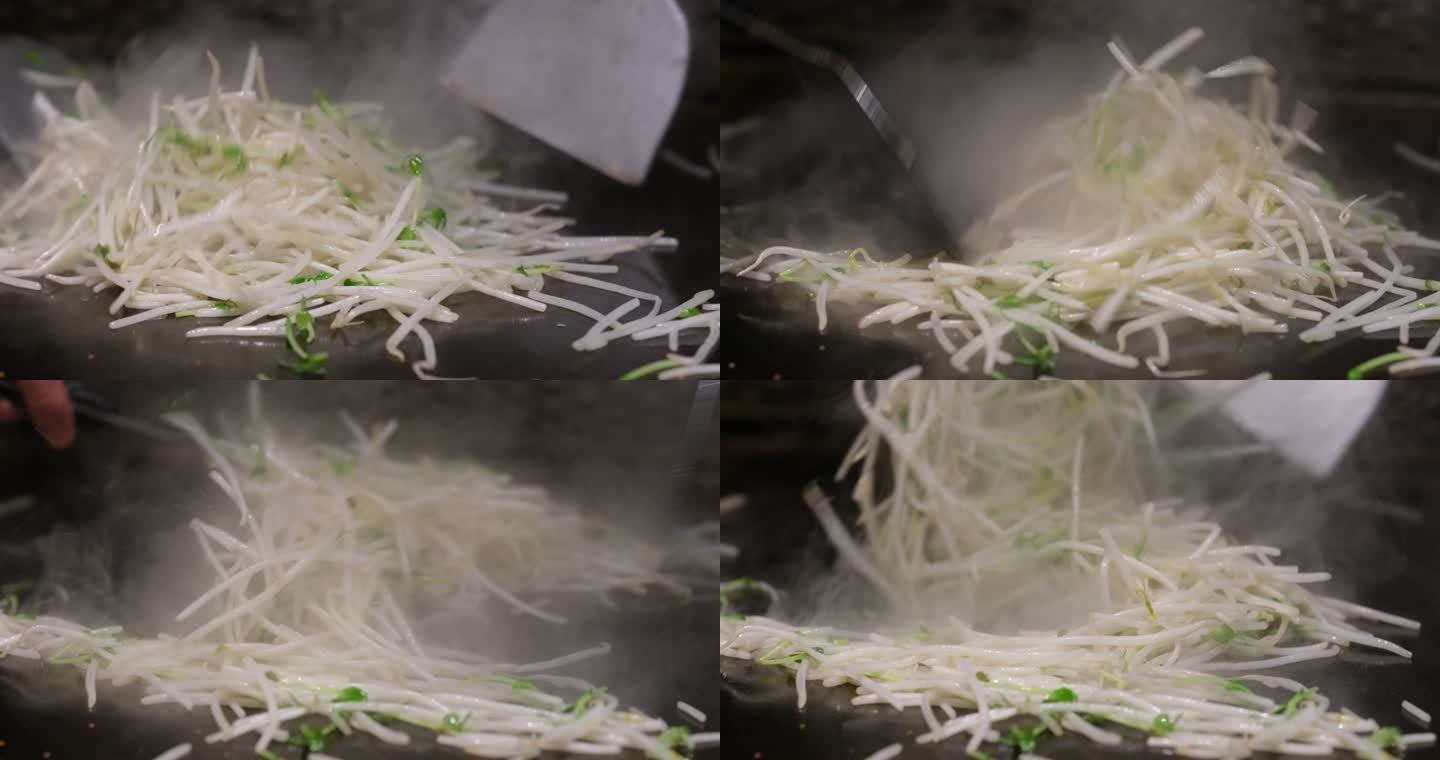 日式铁板烧炒绿豆芽的慢动作特写