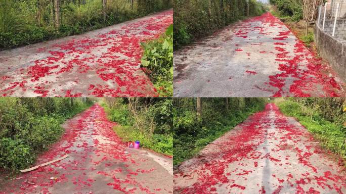 过年烧爆竹山路上的红纸碎片遍地全年红纸片
