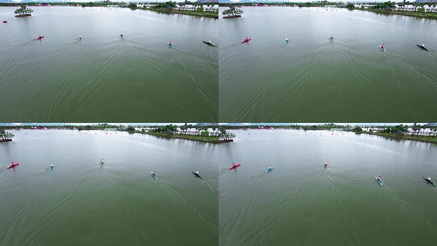 公园湖面静水多人皮划艇运动航拍4K