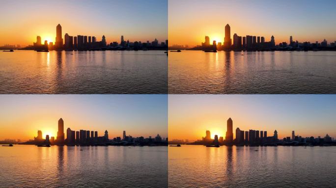 湖北武汉江滩长江两岸城市江景航拍 夕阳