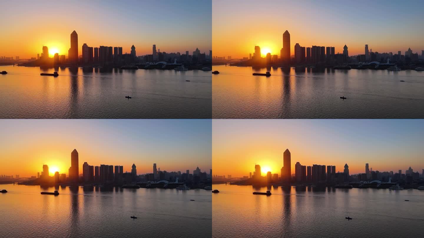 湖北武汉江滩城市江景航拍 夕阳