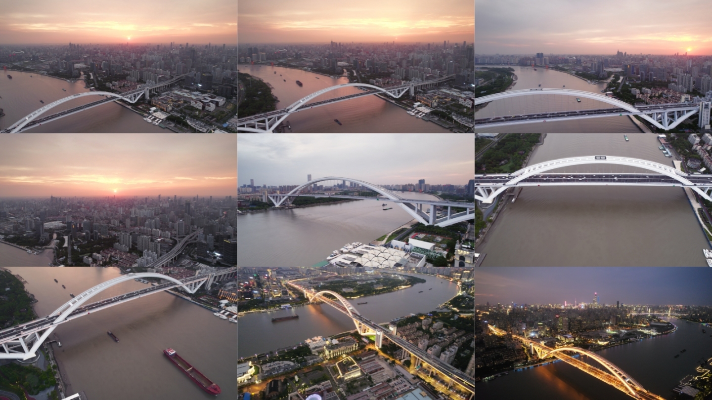 [合集]上海卢浦大桥人文地标夜景车流航拍