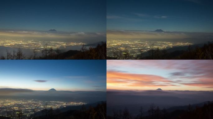 夜晚从甘利山拍摄的富士山延时照片