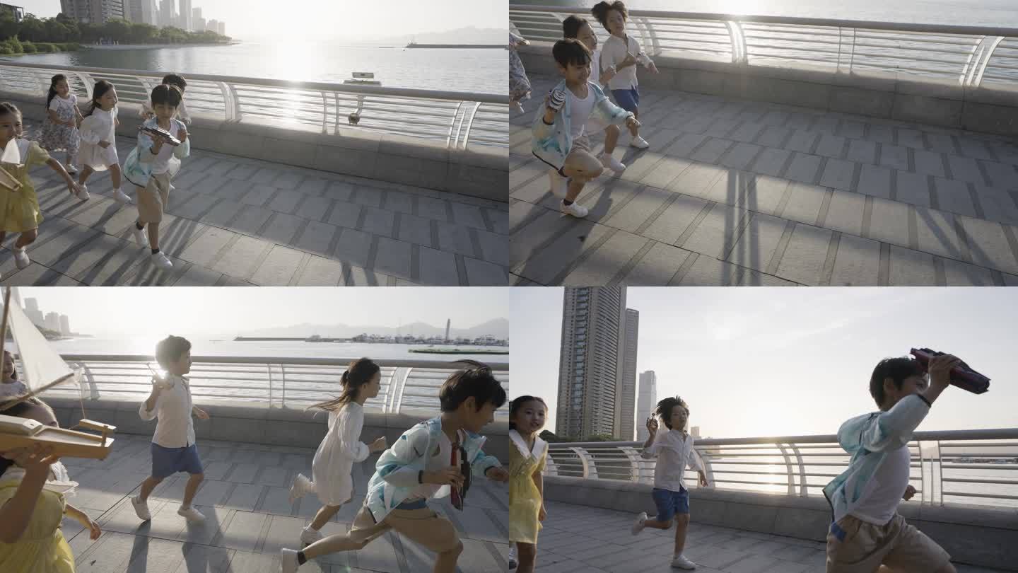 深圳湾 小孩 跑步 蹦跑 海边  活泼