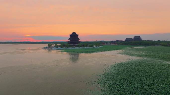 苏州园区阳澄湖半岛重元寺日落晚霞风景航拍