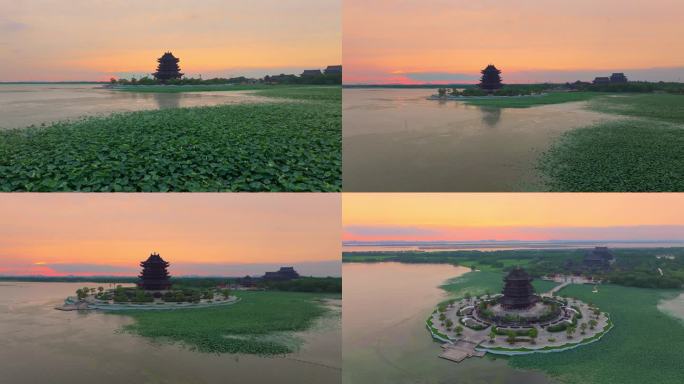 苏州园区阳澄湖半岛重元寺日落晚霞风景航拍