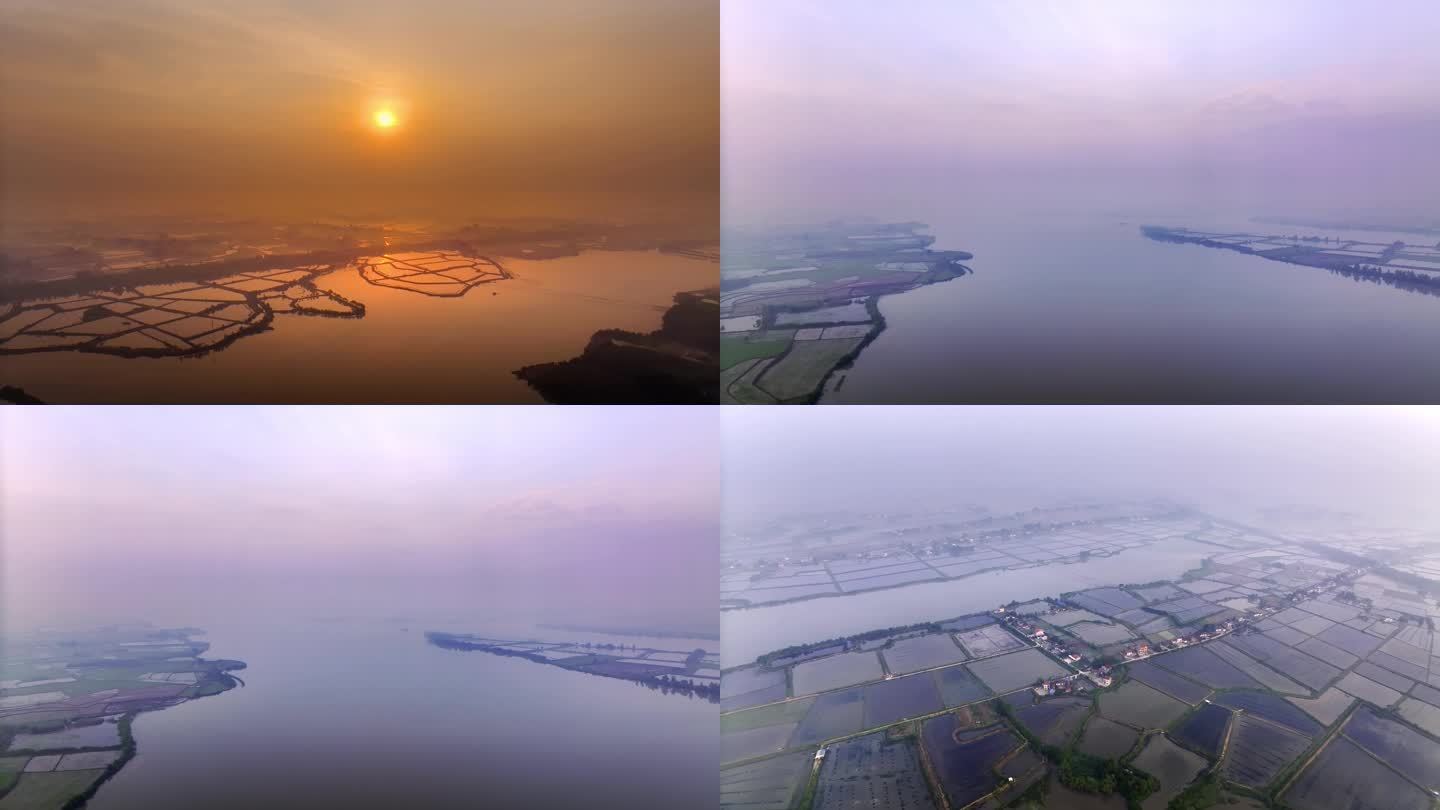 航拍清晨湖泊 江汉平原 农田耕种